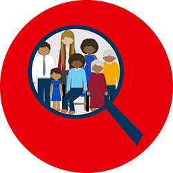 Seeking diversity logo that shows people with a magnifying glass on a red circle background